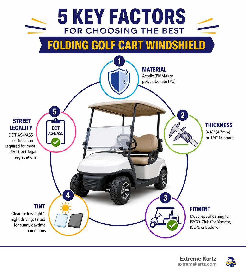 Key factors for choosing a folding golf cart windshield: material, thickness, fitment, tint, and street-legal certification