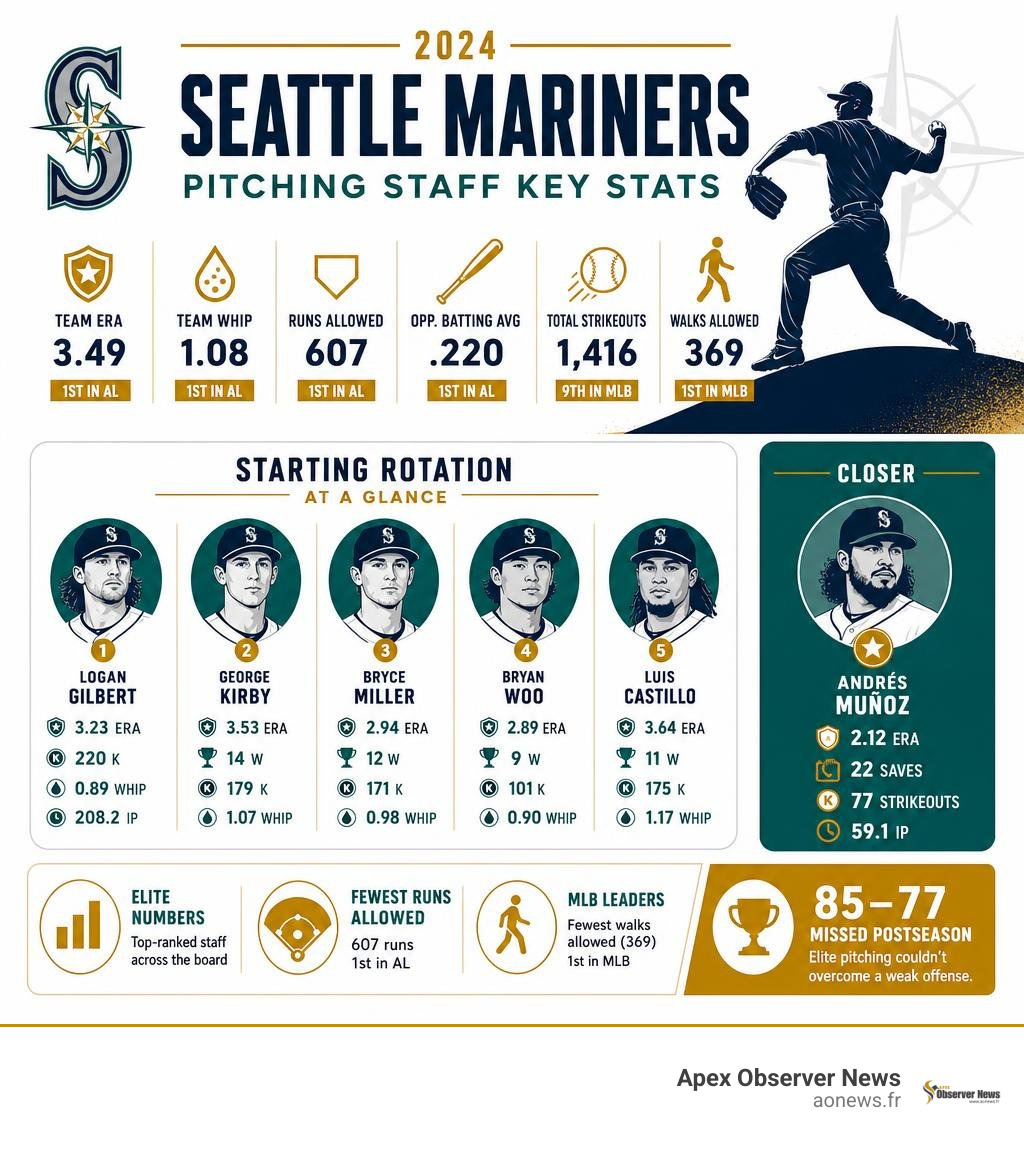 2024 Seattle Mariners pitching staff key stats infographic ERA WHIP strikeouts rankings infographic