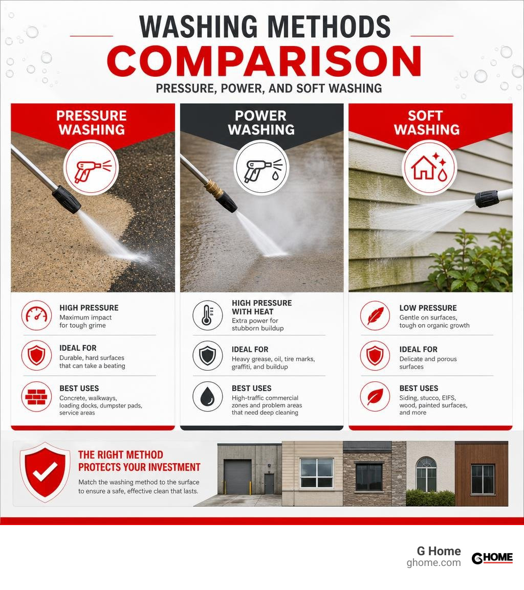 Washing methods comparison: Pressure, Power, and Soft Washing infographic