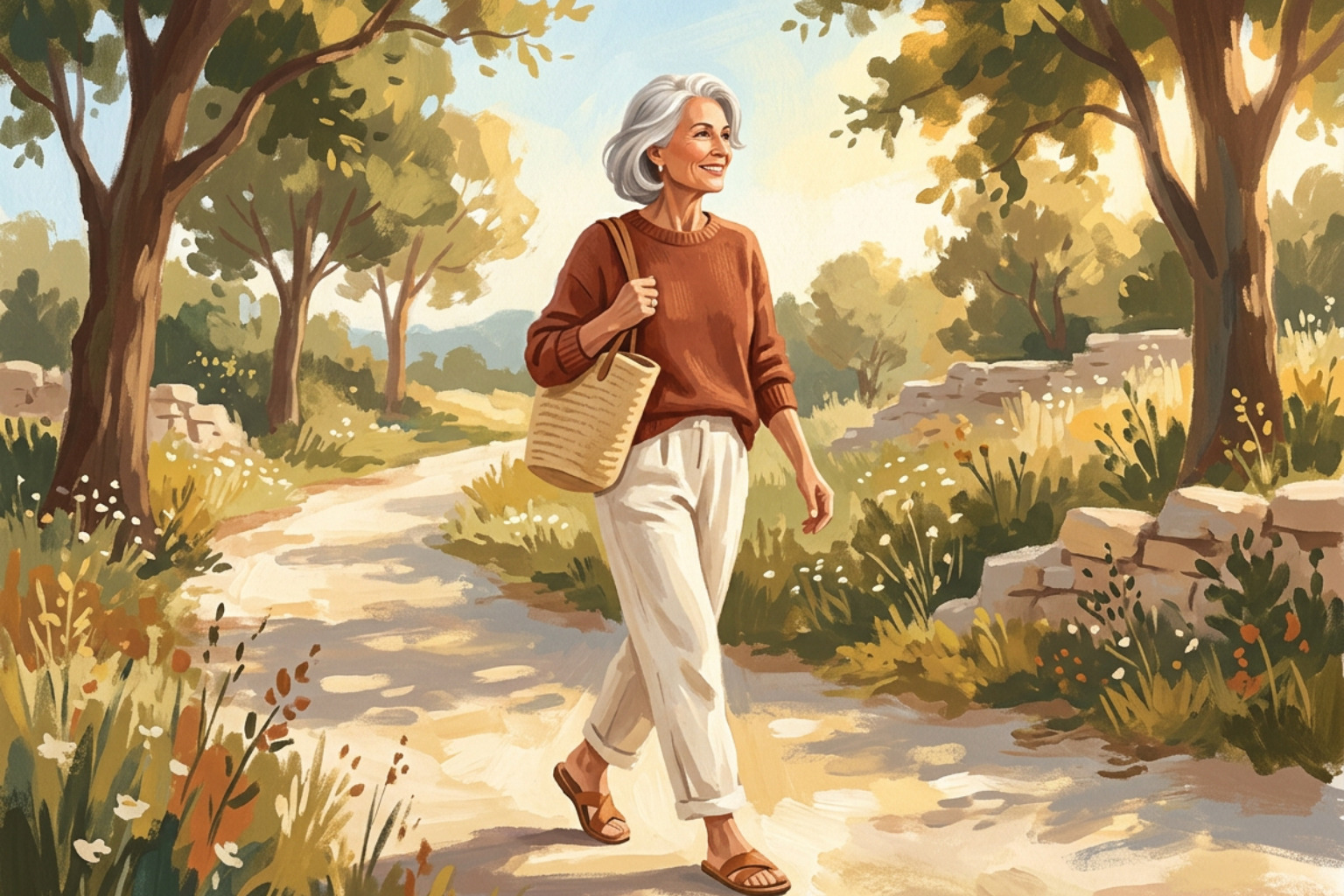 An older adult with silver hair walking confidently along a sunny outdoor path
