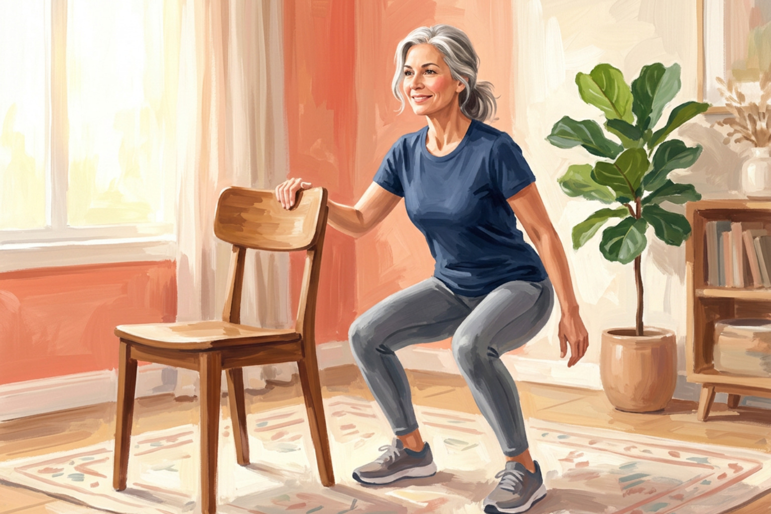 An older woman performing a squat using a stable, braced chair for balance in a bright room