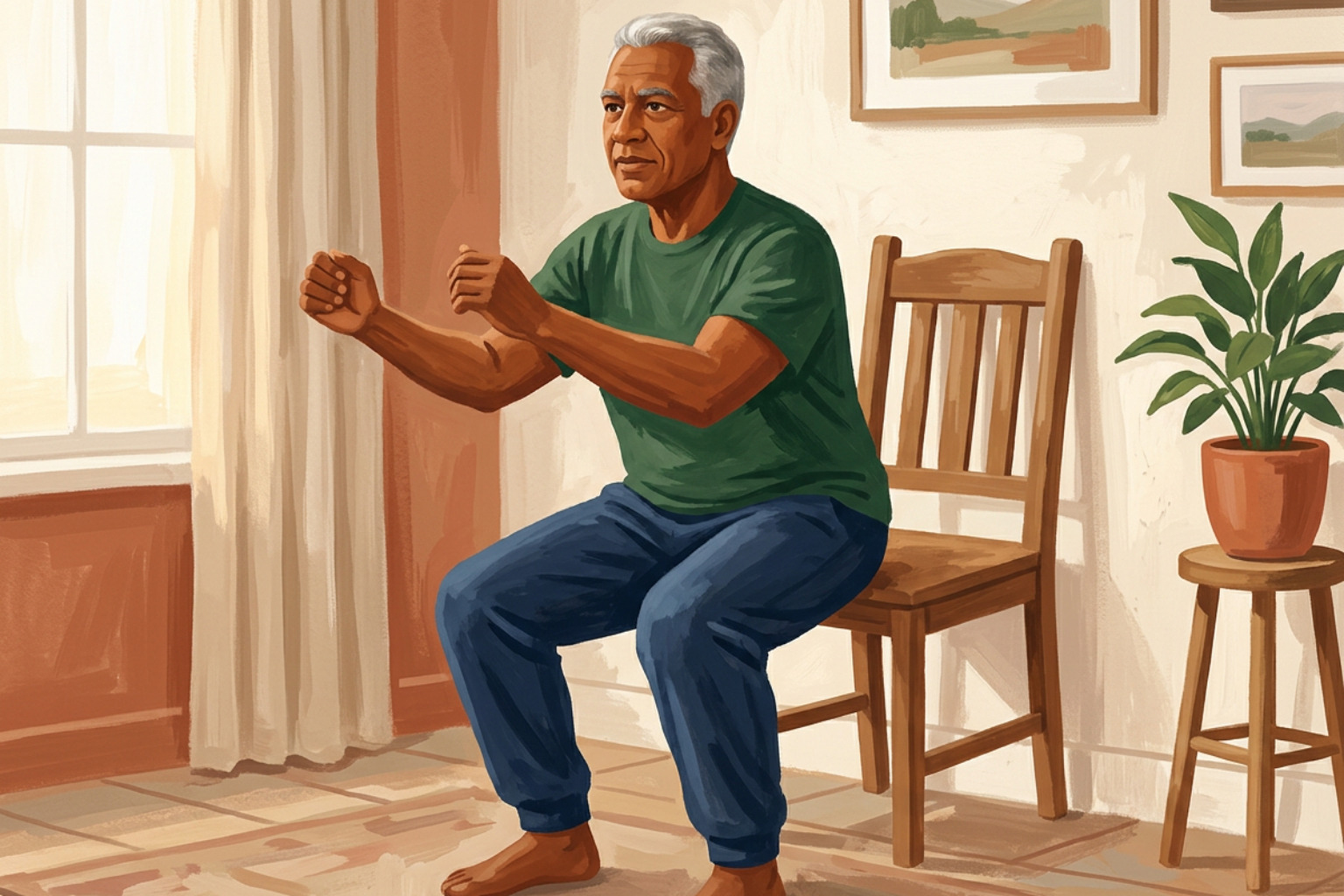 Older adult performing a guided squat with a stable chair braced against a wall