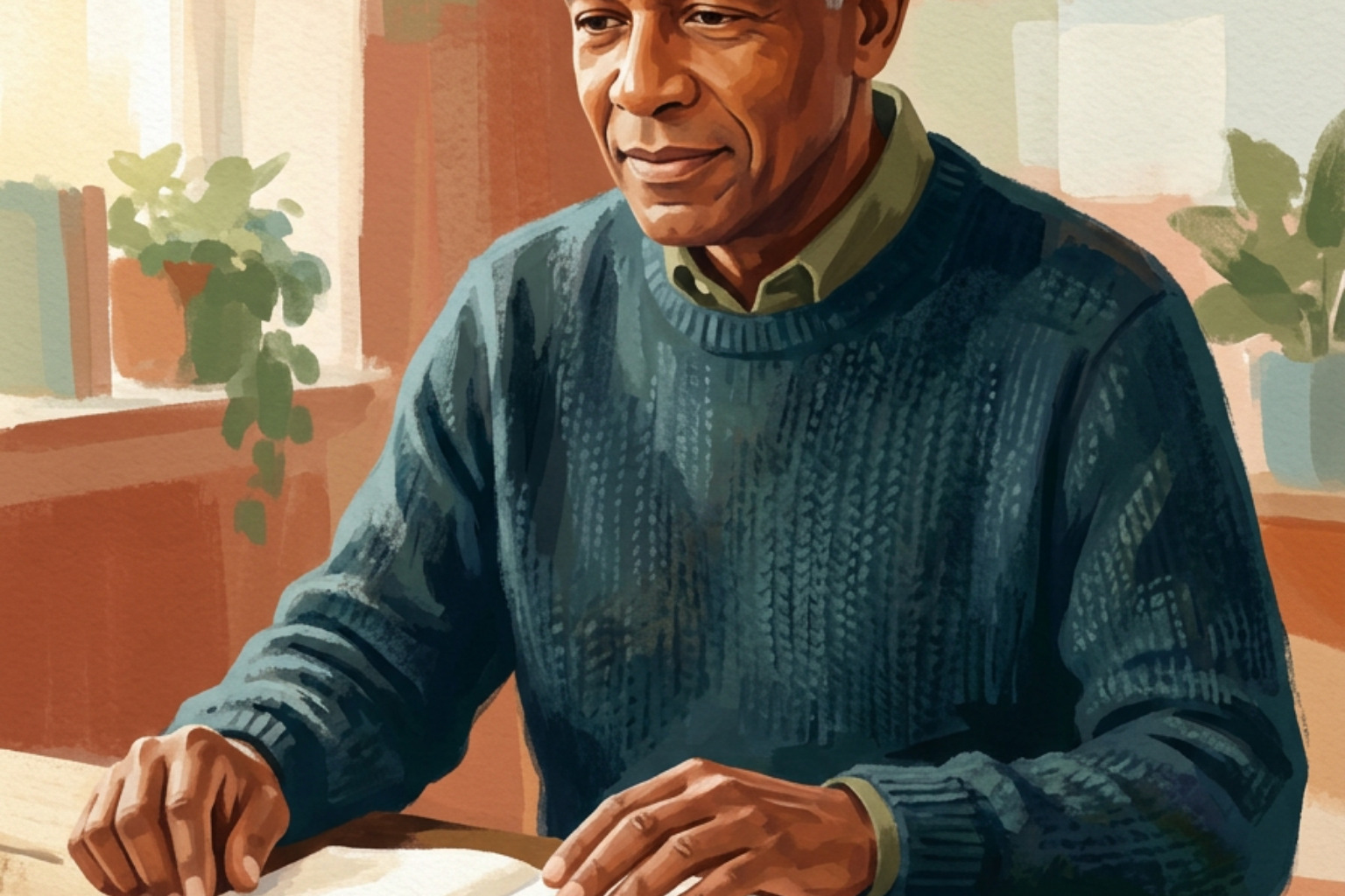 An older patient reviewing medical records with a focused, confident expression