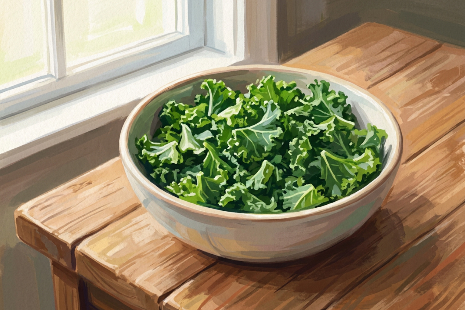 bowl of raw chopped kale on a wooden table