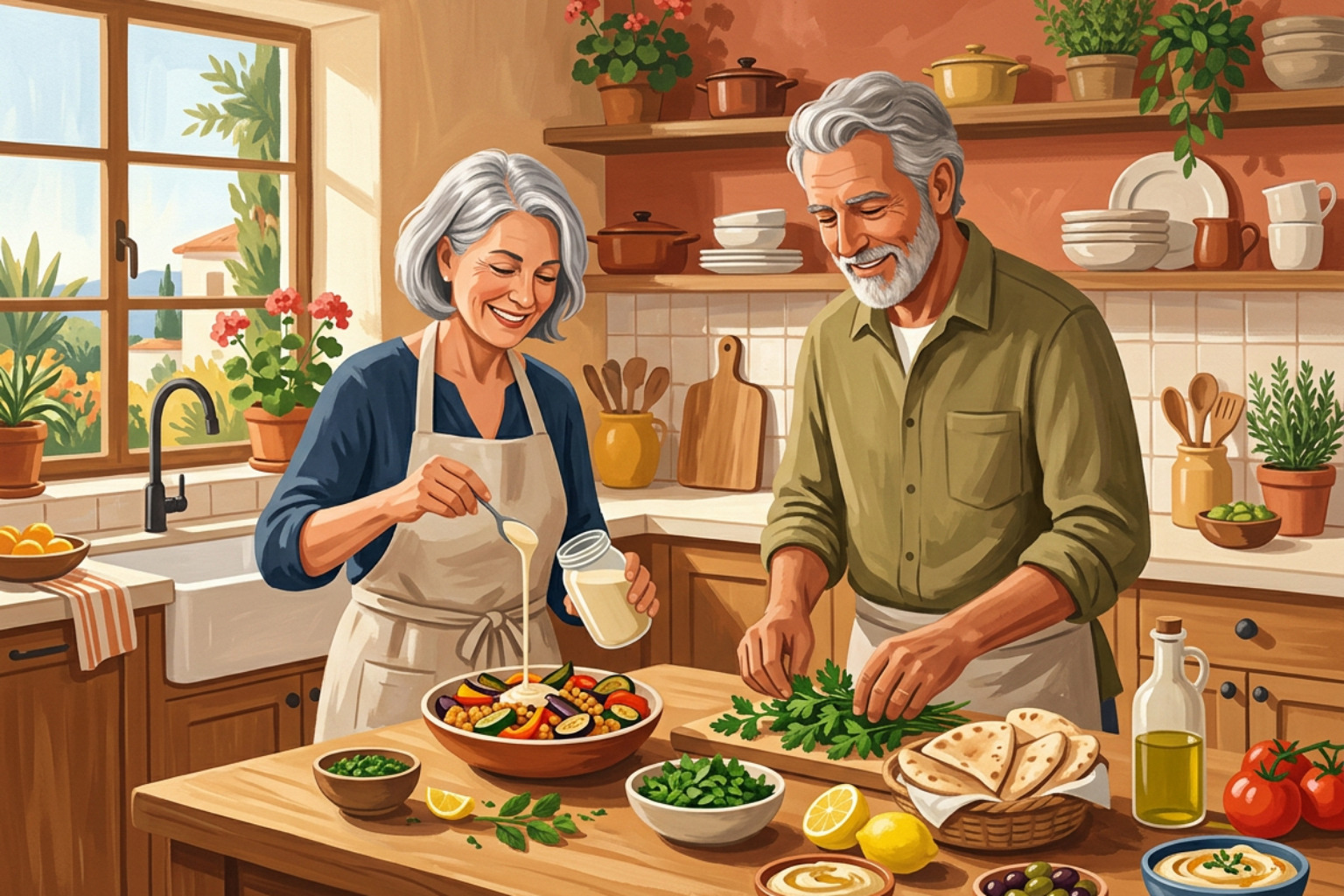 An older couple preparing a Mediterranean meal with fresh vegetables and tahini
