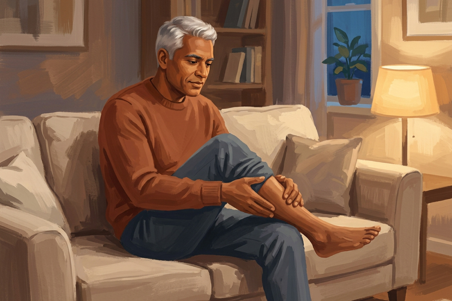 an older adult sitting on a comfortable sofa, gently rubbing a cramped calf muscle, soft living room light