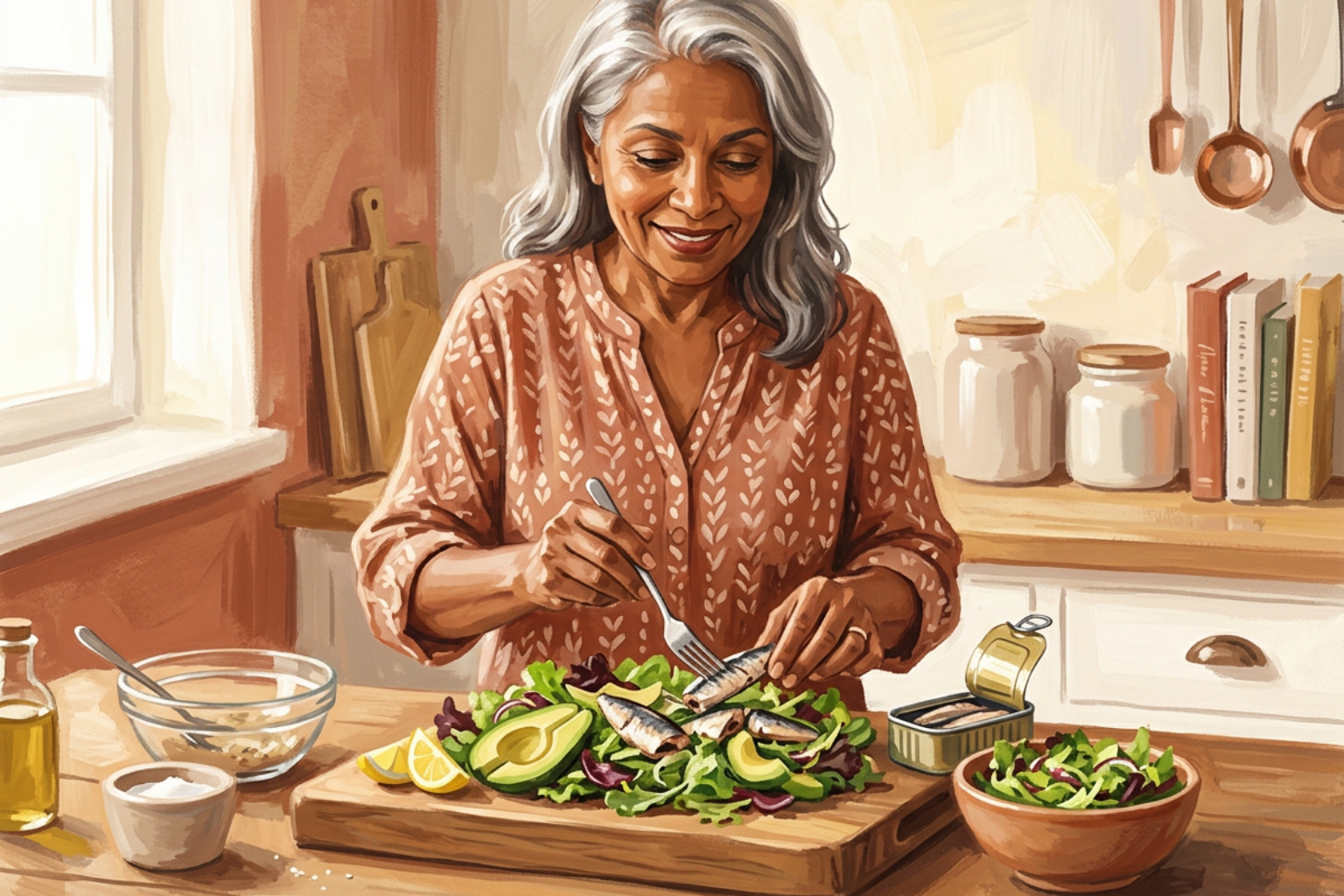 An older woman preparing a fresh salad with canned sardines, avocado, and lemon slices in a warm kitchen