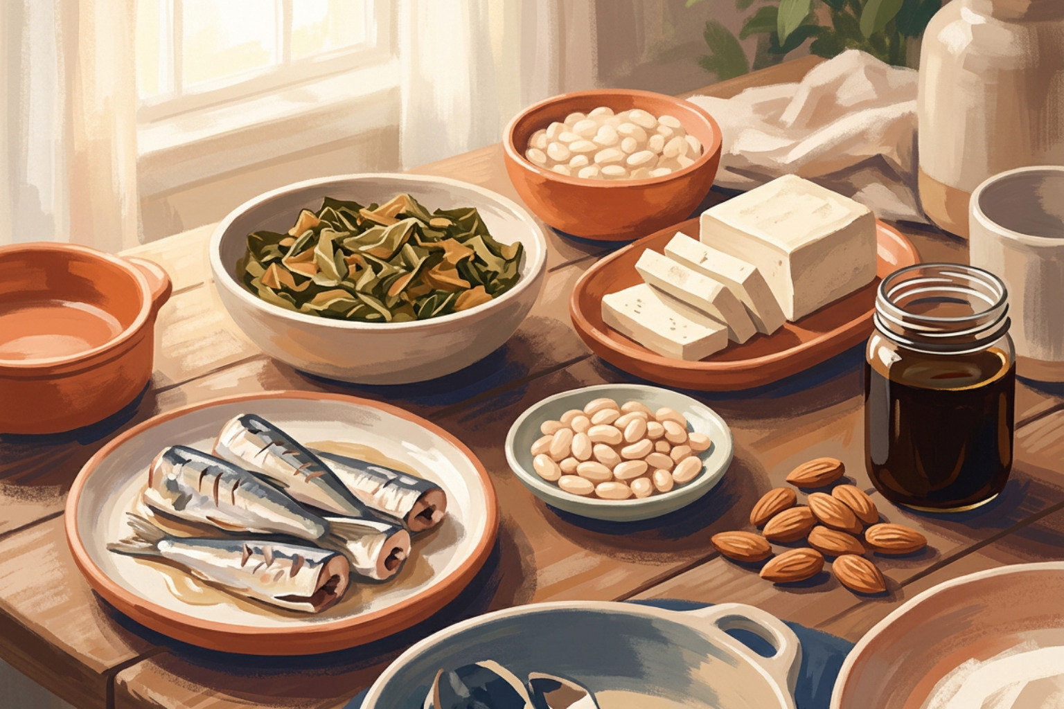 a beautiful spread of non dairy calcium foods including canned sardines leafy greens and tofu