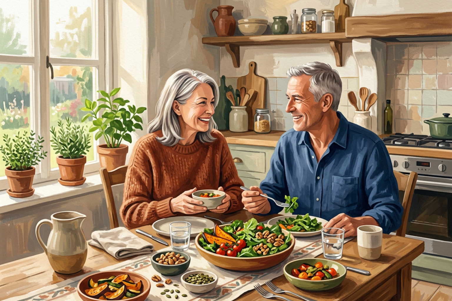 an older couple enjoying a colorful meal filled with leafy greens, nuts, and seeds in a sunny kitchen an older couple enjoying a colorful meal filled with leafy greens, nuts, and seeds in a sunny kitchen