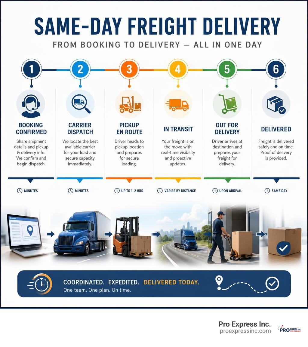 Step-by-step timeline of a coordinated same-day expedited freight shipment from booking to delivery infographic