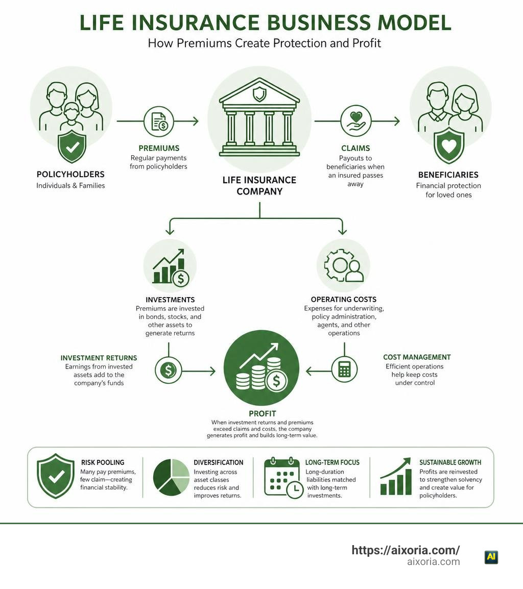 life insurance business model infographic showing premiums, investments, claims, and profit flow infographic