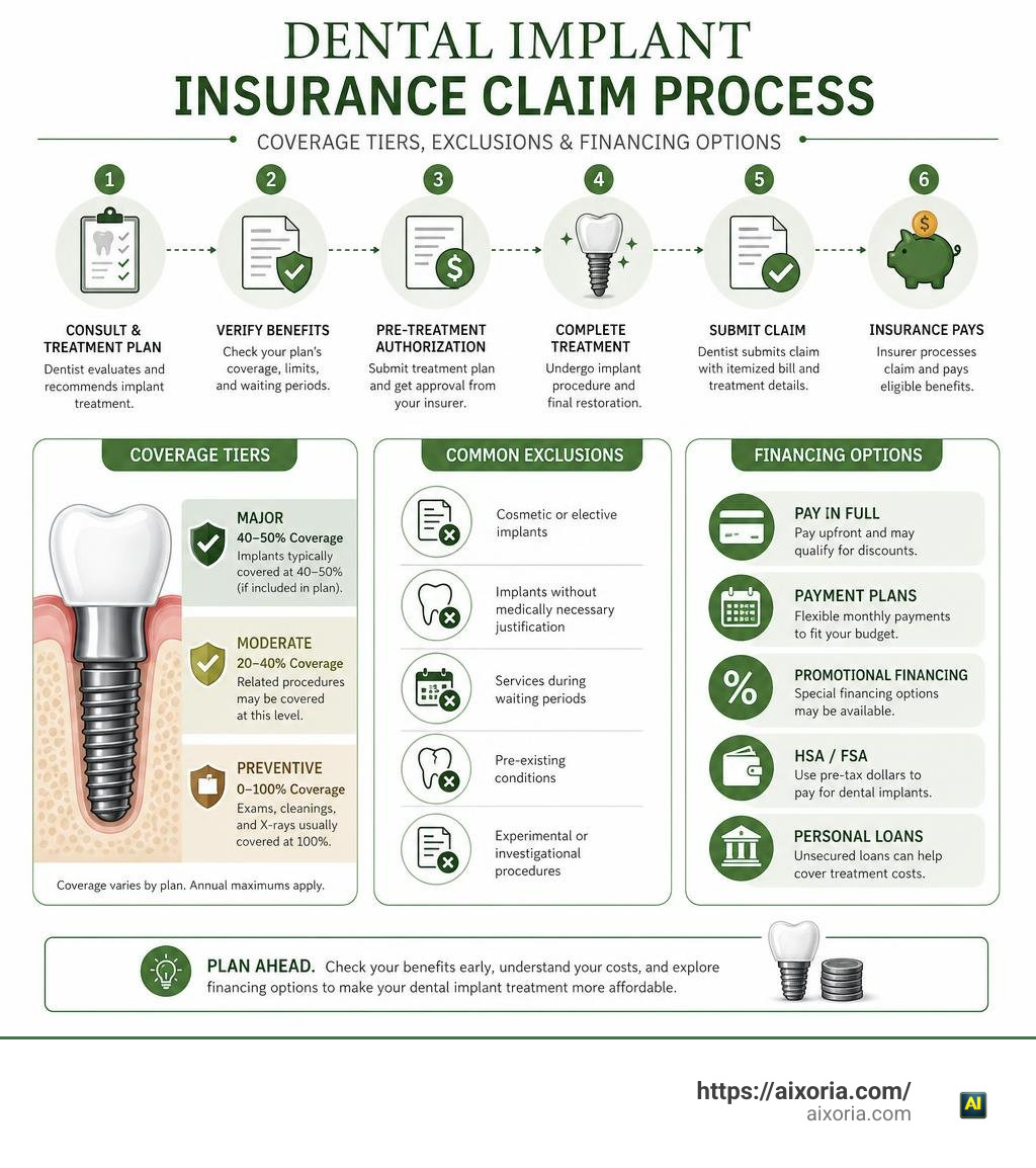 dental implant insurance claim process showing coverage tiers, exclusions, and financing options infographic