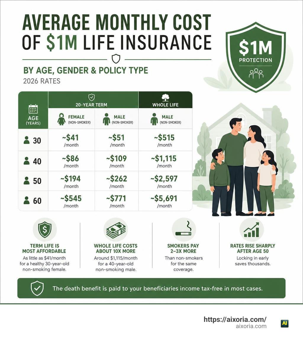 Average monthly cost of $1M life insurance by age, gender, and policy type infographic infographic Average monthly cost of $1M life insurance by age, gender, and policy type infographic infographic