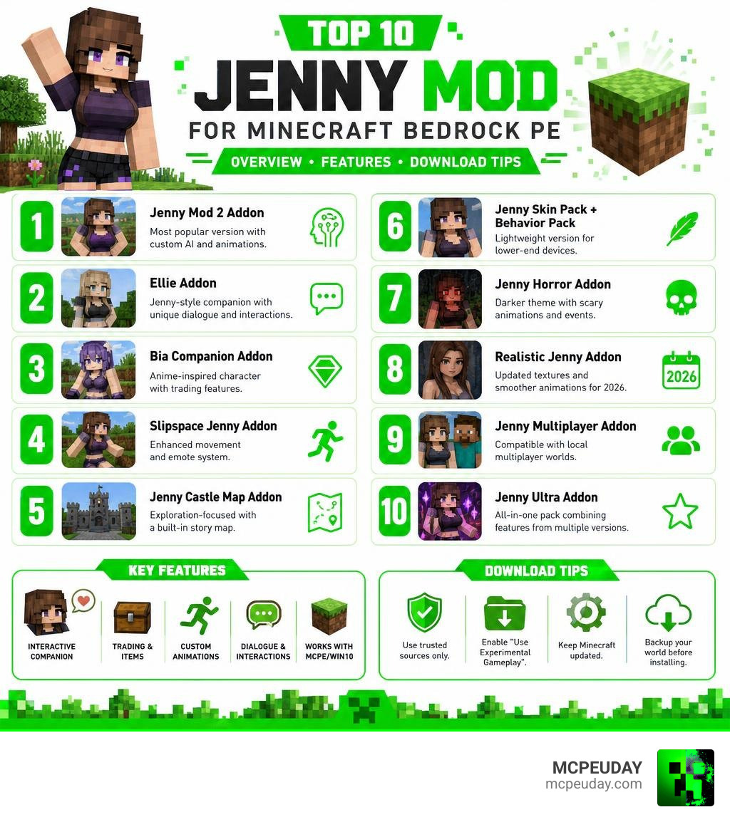 Top 10 Jenny Mod for Minecraft Bedrock PE overview infographic with features and download tips infographic Top 10 Jenny Mod for Minecraft Bedrock PE overview infographic with features and download tips infographic
