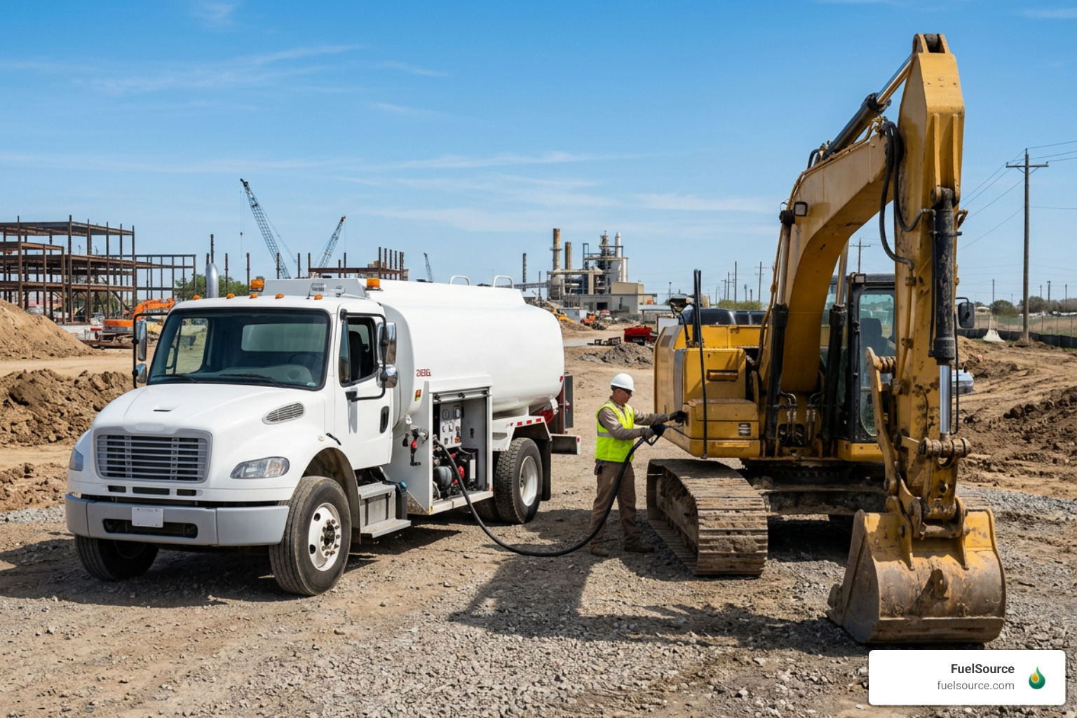 Modern fleet fueling truck delivering diesel on site to construction machinery