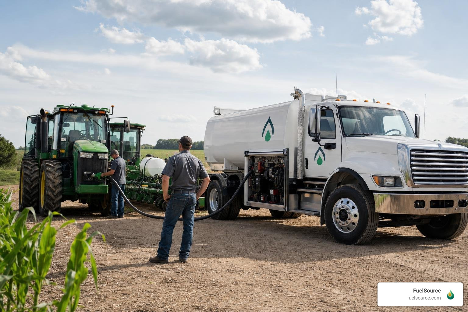 Diesel delivery truck refueling agricultural equipment on site