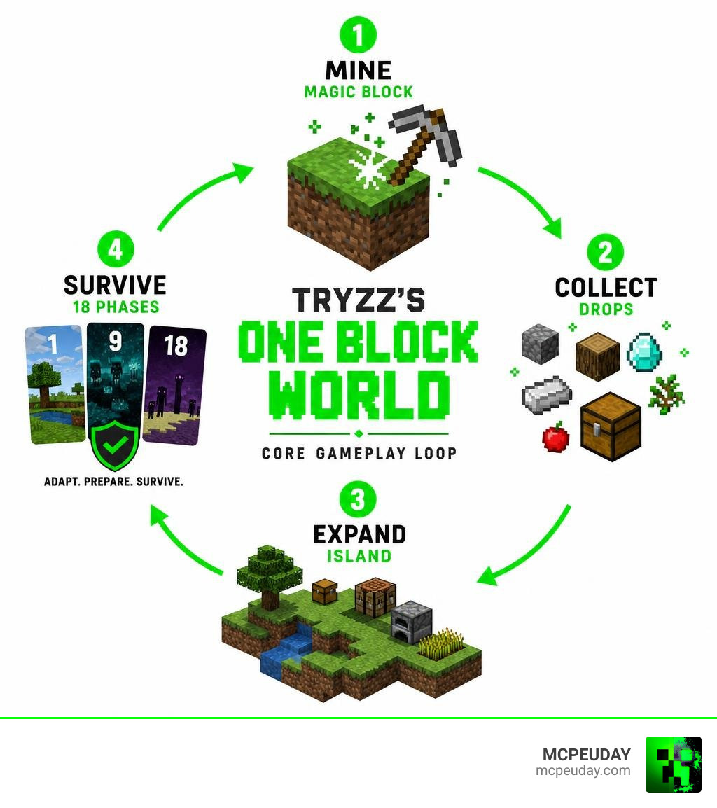 Infographic showing Tryzz's One Block World core gameplay loop: mine magic block, collect drops, expand island, survive 18 Infographic showing Tryzz's One Block World core gameplay loop: mine magic block, collect drops, expand island, survive 18
