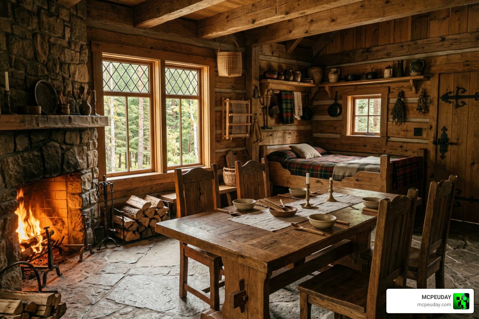 Finished rustic medieval cabin interior featuring custom wood furniture Finished rustic medieval cabin interior featuring custom wood furniture