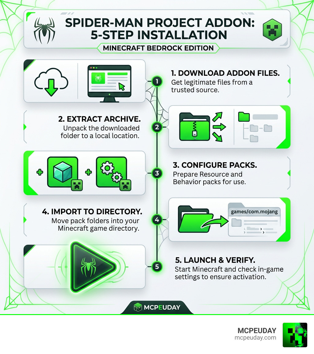 5-step Spider-Man Project Addon installation process infographic for Minecraft Bedrock infographic