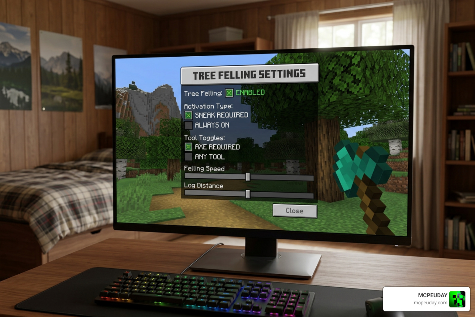 Custom tree capitator settings UI showing sneak requirements and tool toggles Custom tree capitator settings UI showing sneak requirements and tool toggles