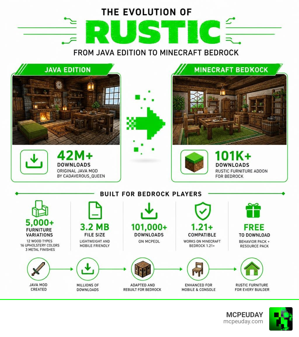 Infographic showing evolution of Rustic mod from Java Edition to Minecraft Bedrock with key stats infographic Infographic showing evolution of Rustic mod from Java Edition to Minecraft Bedrock with key stats infographic