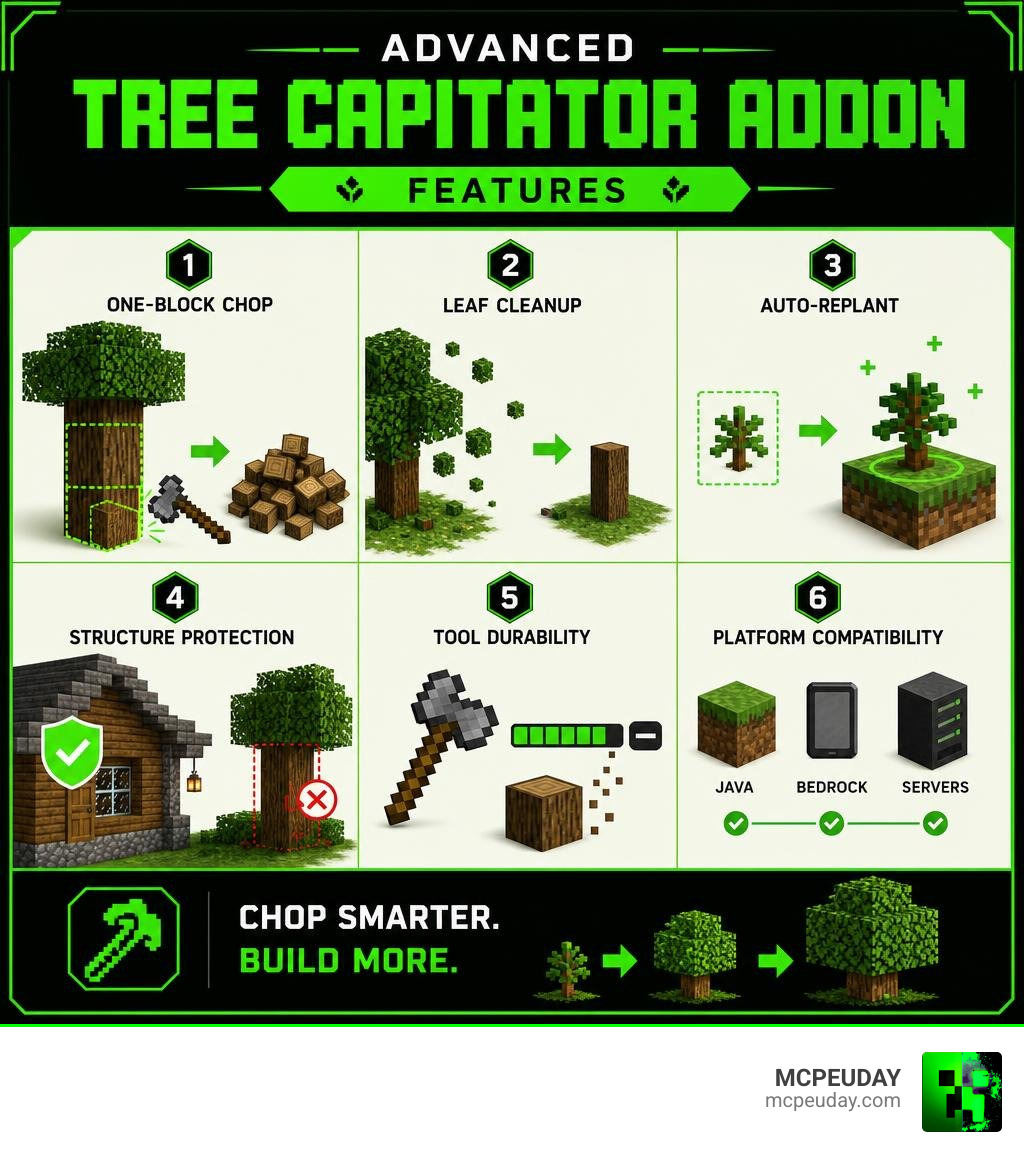 Infographic showing Advanced Tree Capitator Addon features: one-block chop, leaf cleanup, auto-replant, structure Infographic showing Advanced Tree Capitator Addon features: one-block chop, leaf cleanup, auto-replant, structure