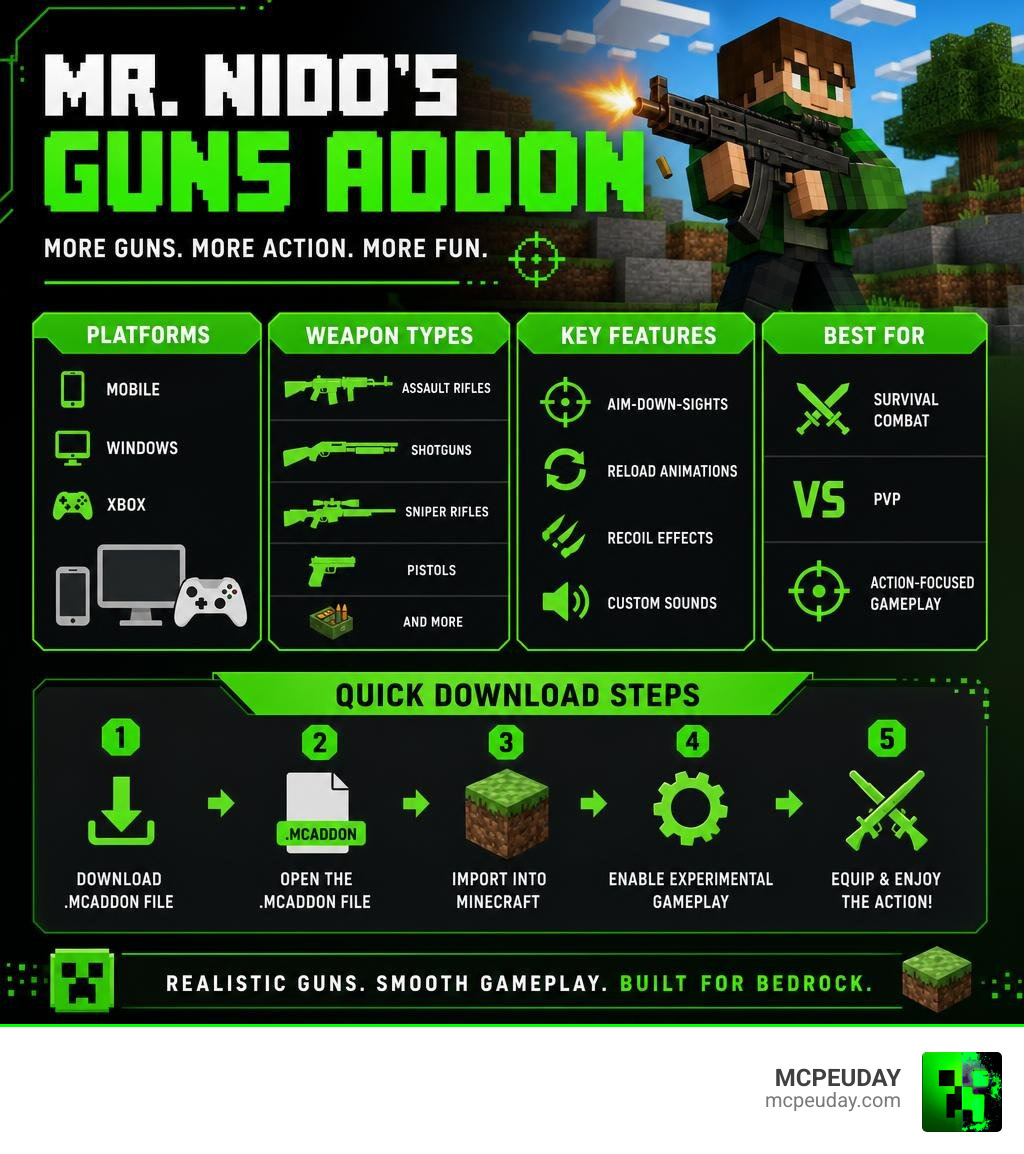 Infographic showing Mr. Nido's Guns Addon features, platforms, weapon types, and quick download steps infographic Infographic showing Mr. Nido's Guns Addon features, platforms, weapon types, and quick download steps infographic