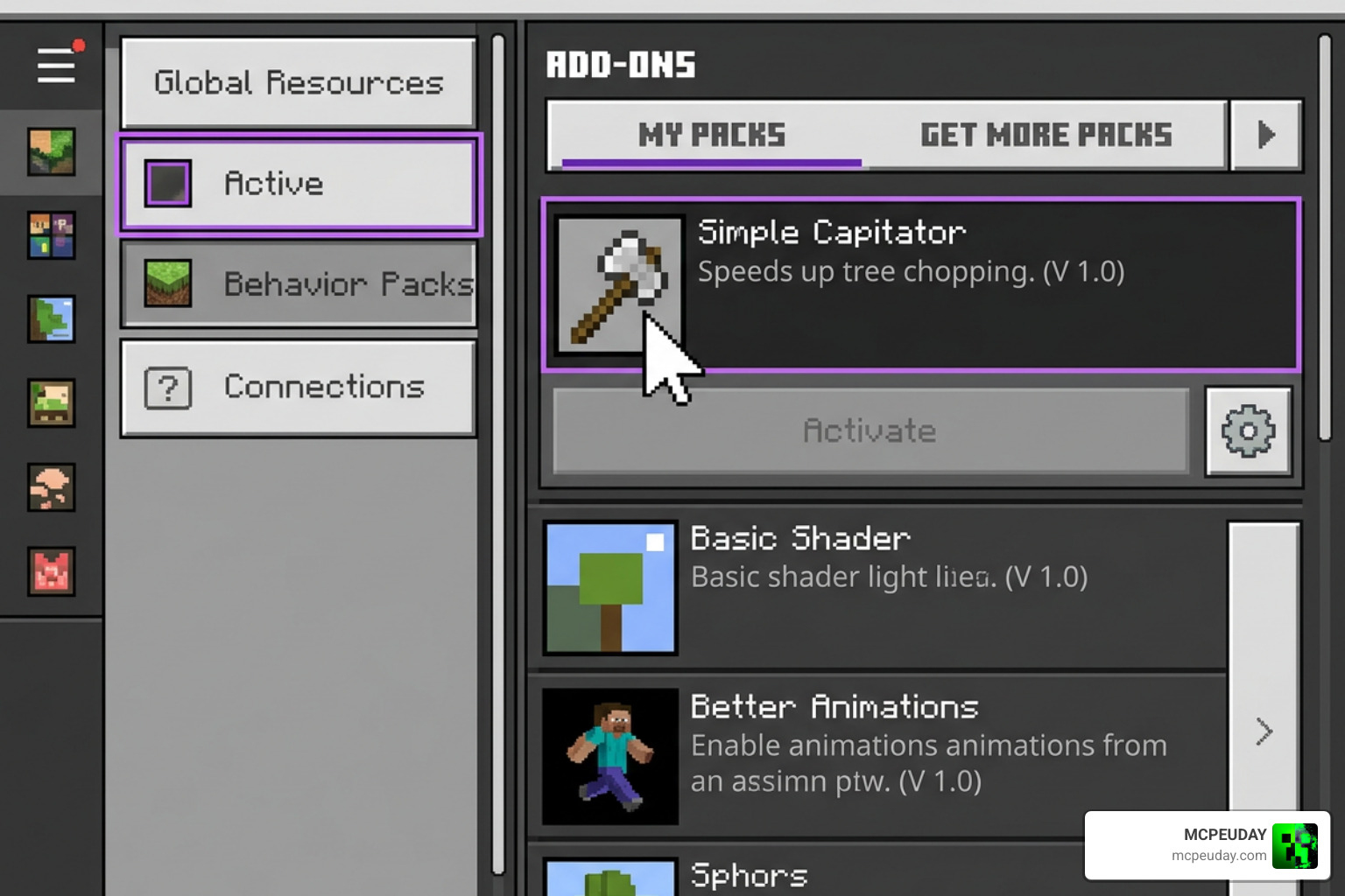 Installing Simple Capitator Addon files in Minecraft Bedrock resource and behavior pack menus Installing Simple Capitator Addon files in Minecraft Bedrock resource and behavior pack menus