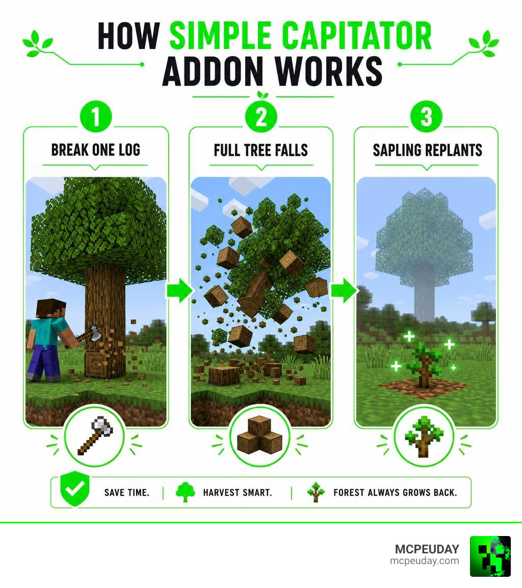 How Simple Capitator Addon works: break one log, full tree falls, sapling replants infographic How Simple Capitator Addon works: break one log, full tree falls, sapling replants infographic