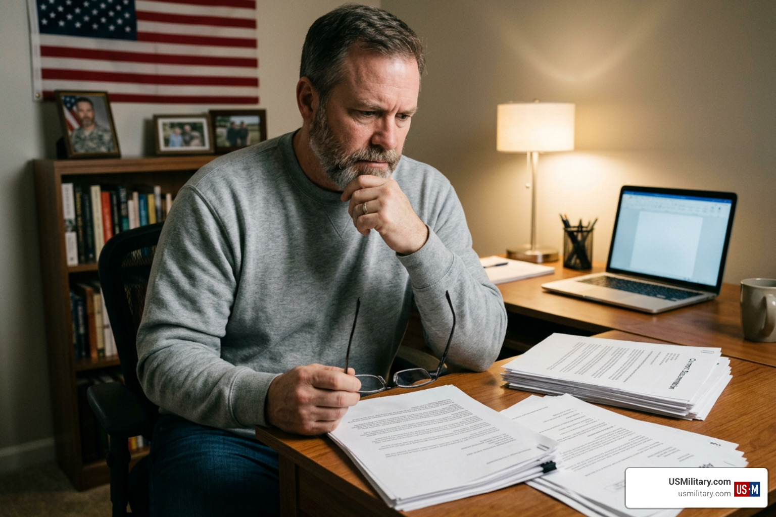 veteran reviewing VA rating disability outcome and appeal letters at a desk veteran reviewing VA rating disability outcome and appeal letters at a desk
