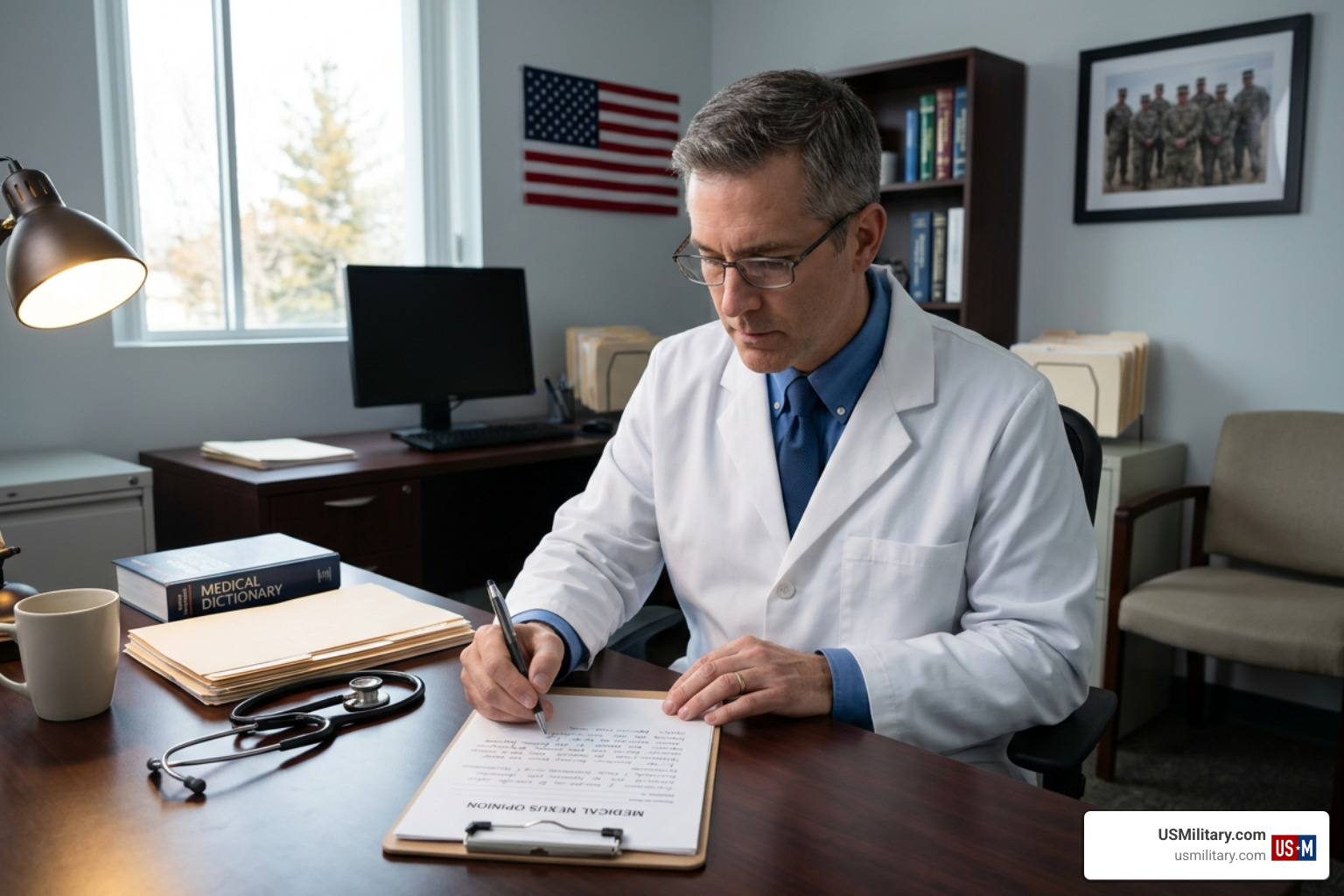 physician writing a detailed medical nexus opinion letter for a veteran physician writing a detailed medical nexus opinion letter for a veteran