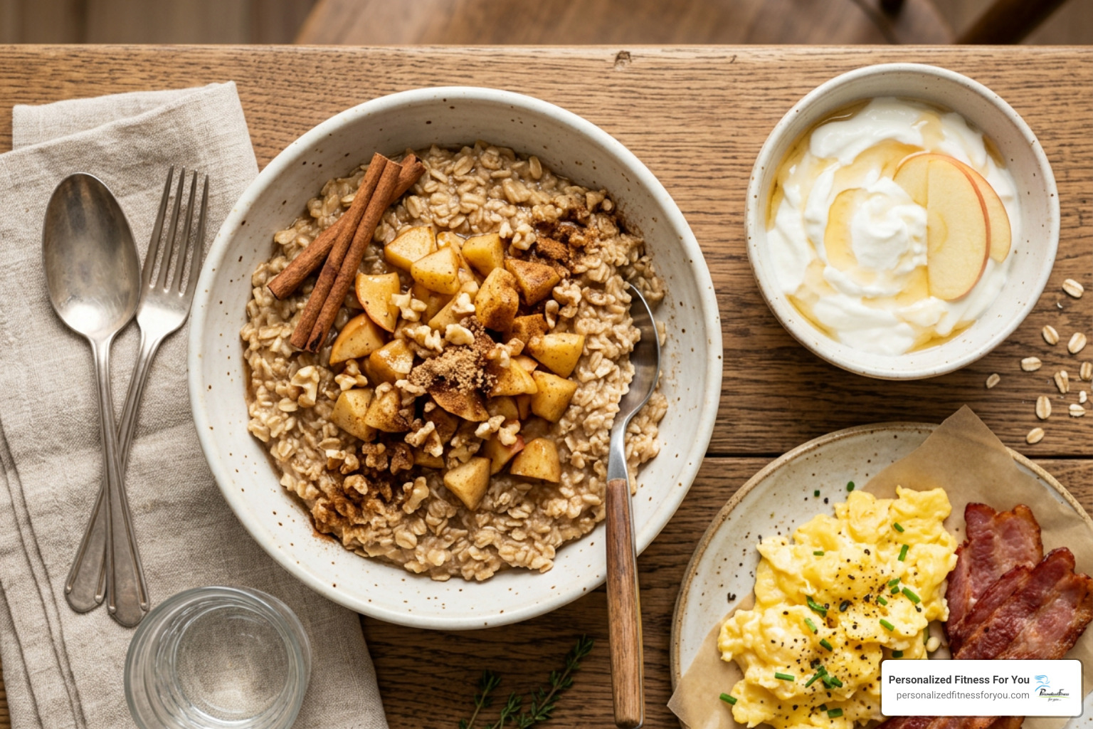 apple cinnamon baked oatmeal bowl with oats and fruit
