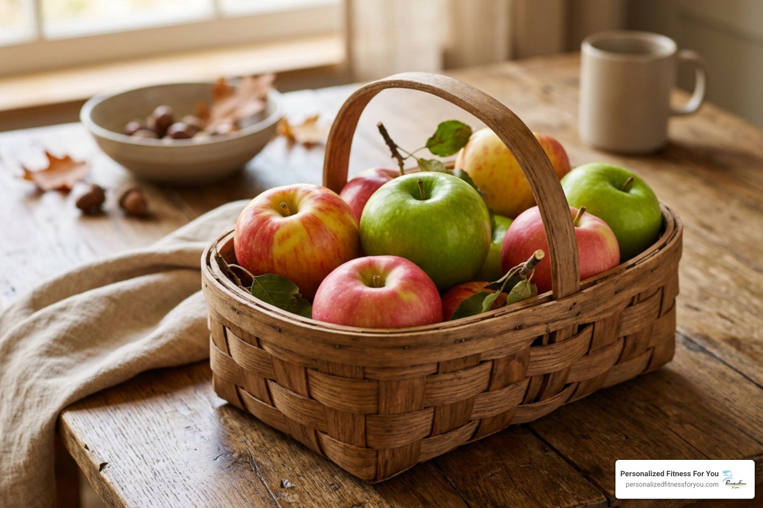 crisp fall apple varieties in a kitchen basket for healthy apple recipes