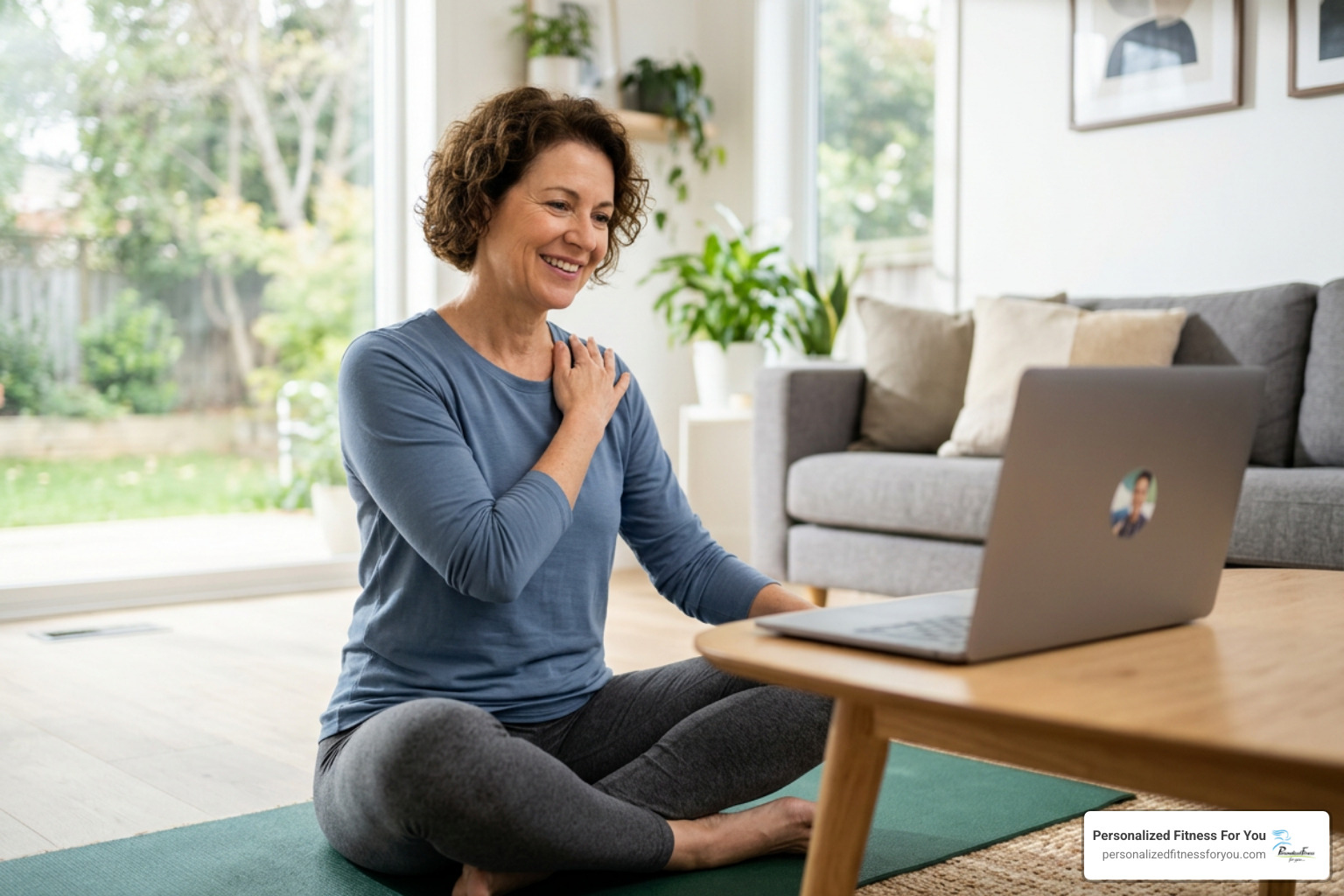 woman demonstrating proper movement alignment via laptop video screen guided by her trainer woman demonstrating proper movement alignment via laptop video screen guided by her trainer