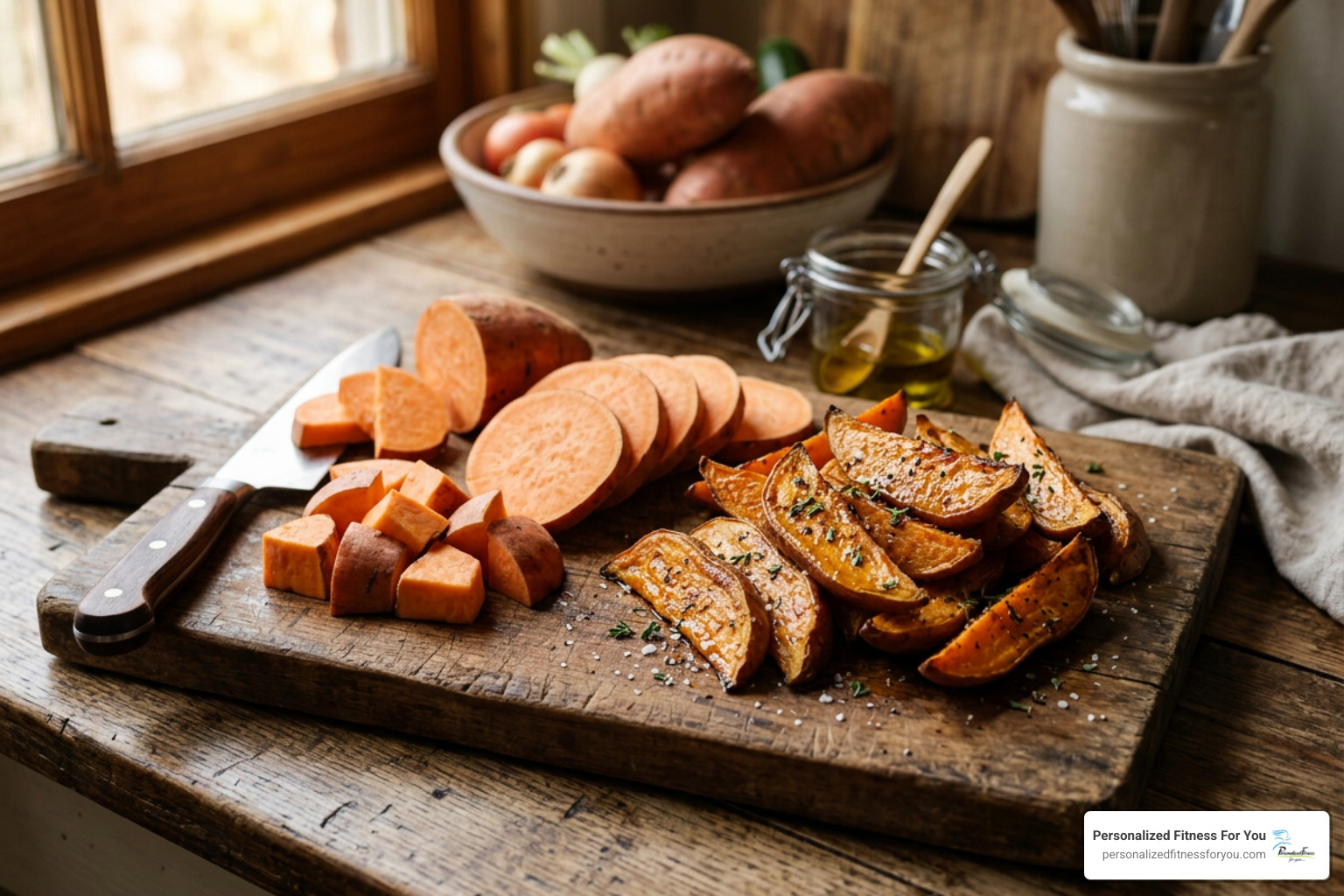 Sliced raw and cooked sweet potatoes brushed with healthy olive oil on a wooden cutting board Sliced raw and cooked sweet potatoes brushed with healthy olive oil on a wooden cutting board