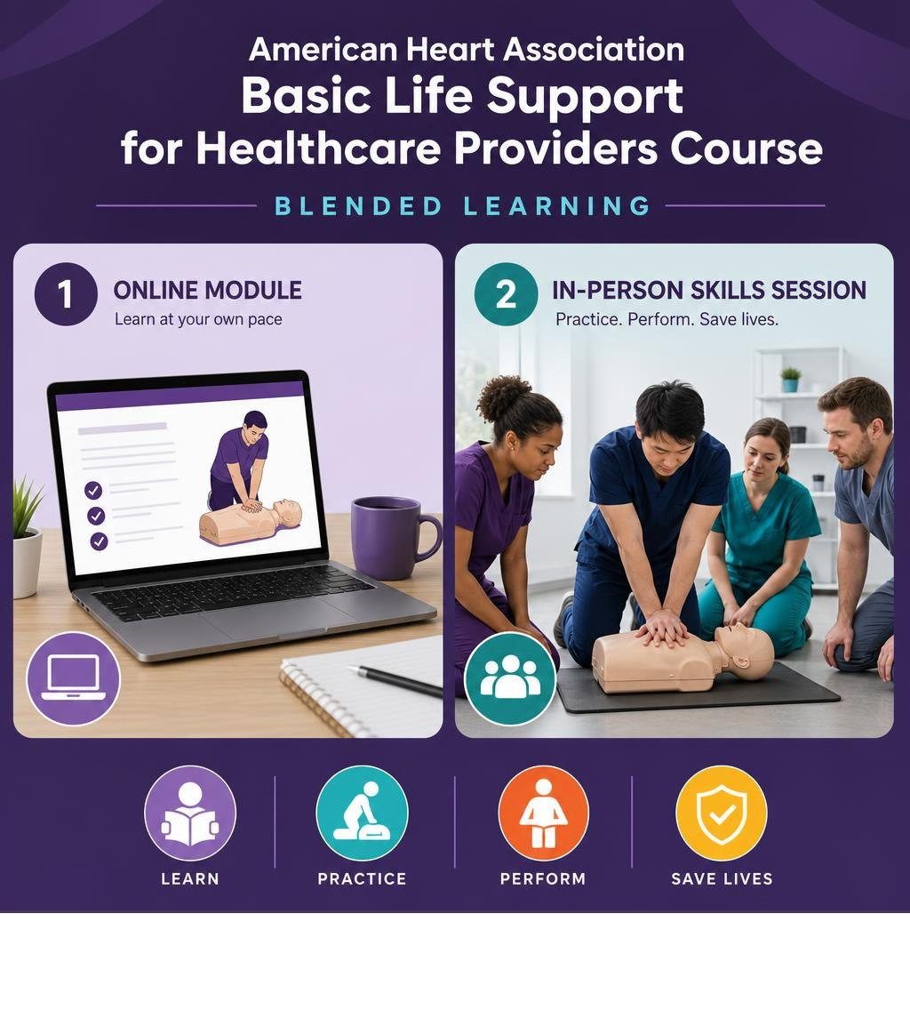 Diagram illustrating the steps of blended learning: online module followed by in-person skills session