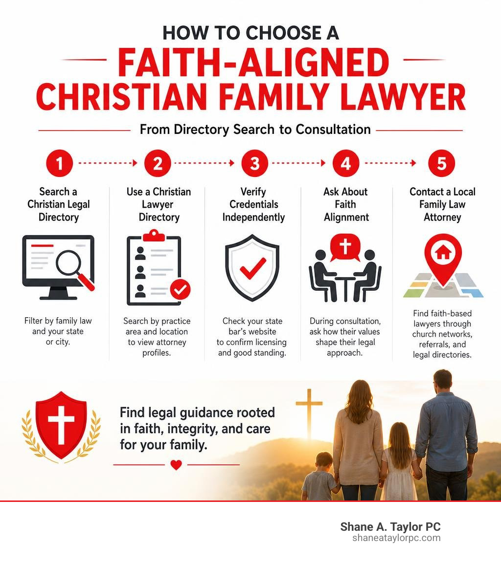 How to choose a faith-aligned Christian family lawyer: steps from directory search to consultation infographic How to choose a faith-aligned Christian family lawyer: steps from directory search to consultation infographic
