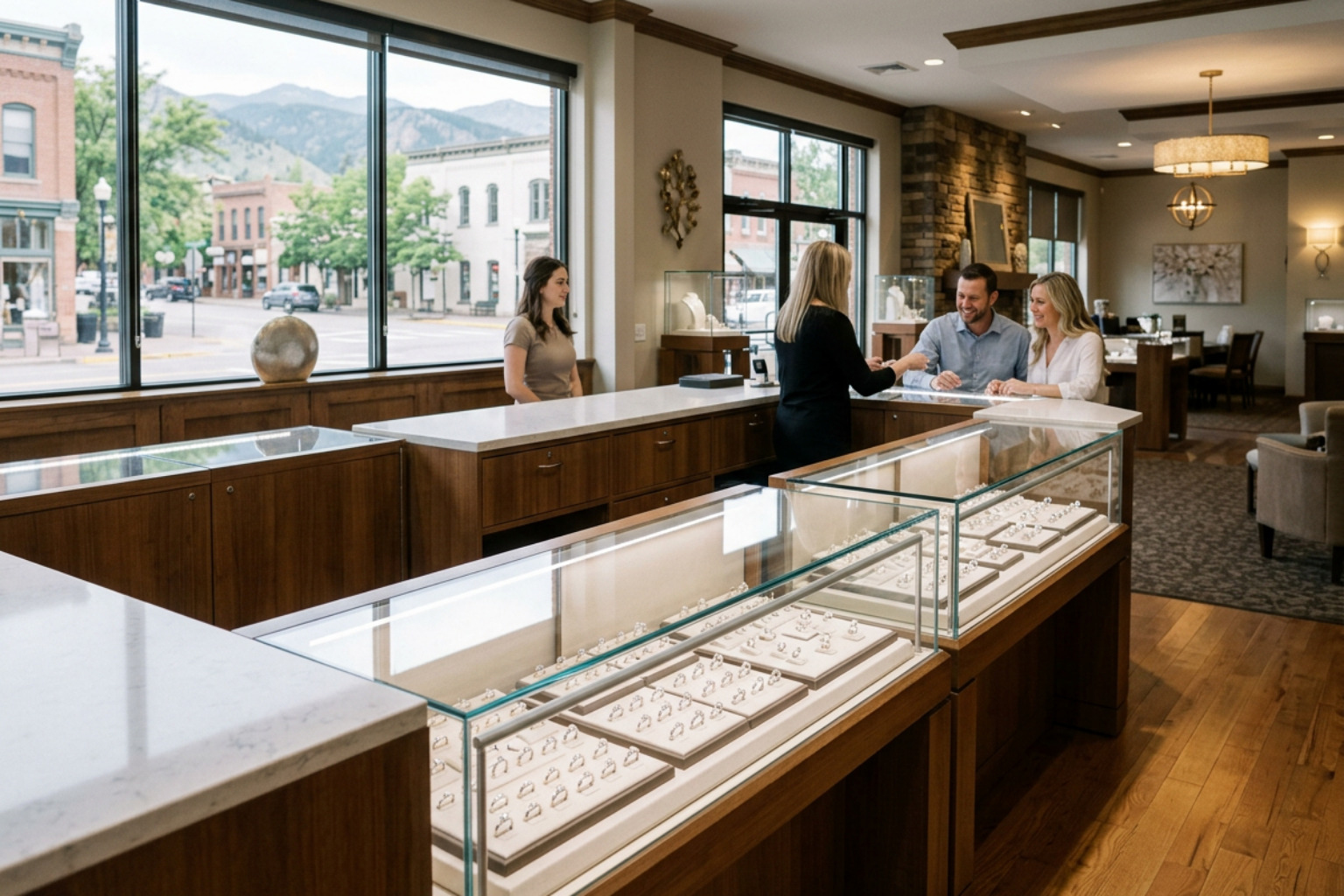 Showroom interior of Creekside Jewelers in Golden CO showcasing fine wedding rings