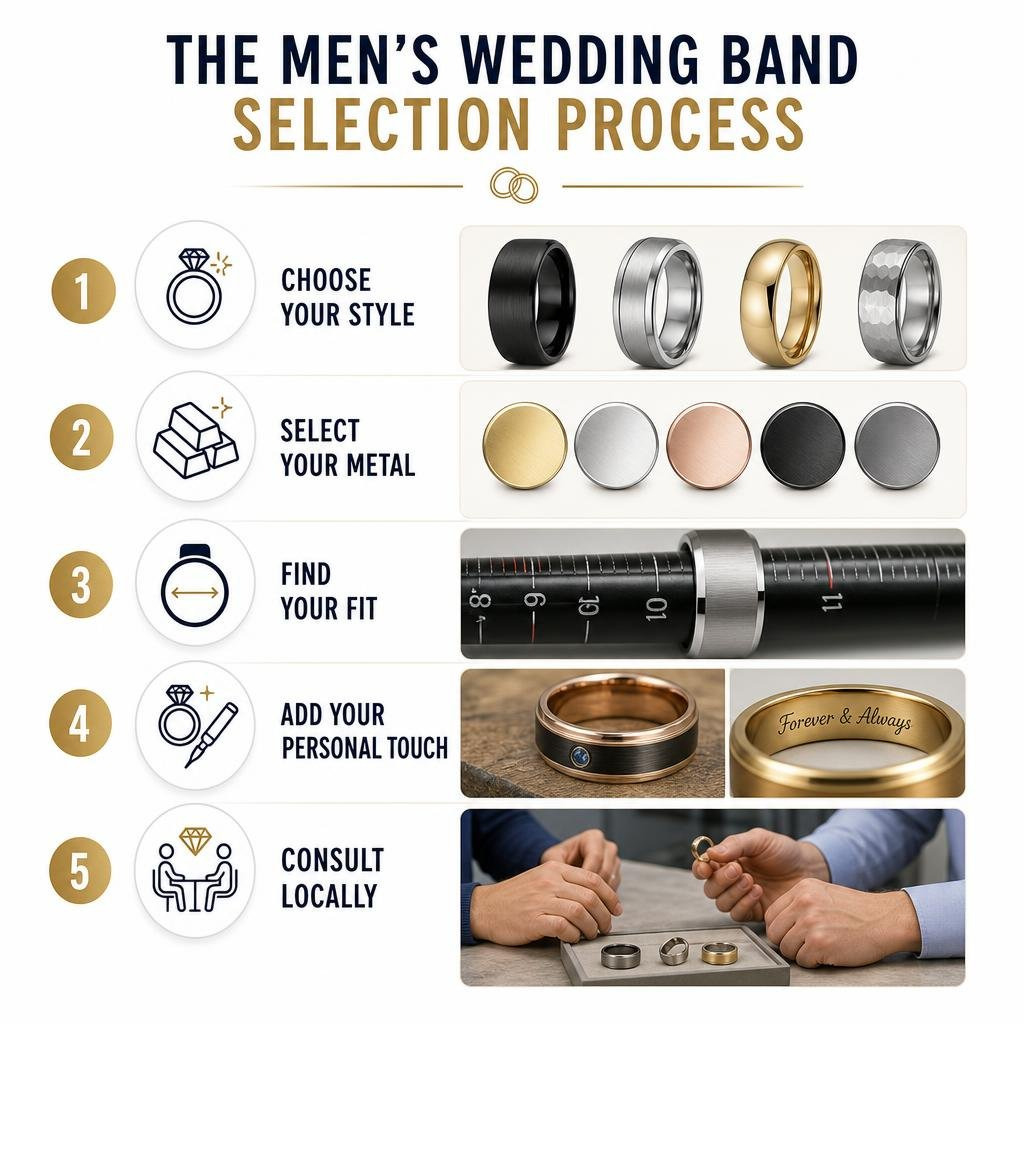 Infographic showing men's wedding band selection process: style, metal, fit, customization, and local consultation steps