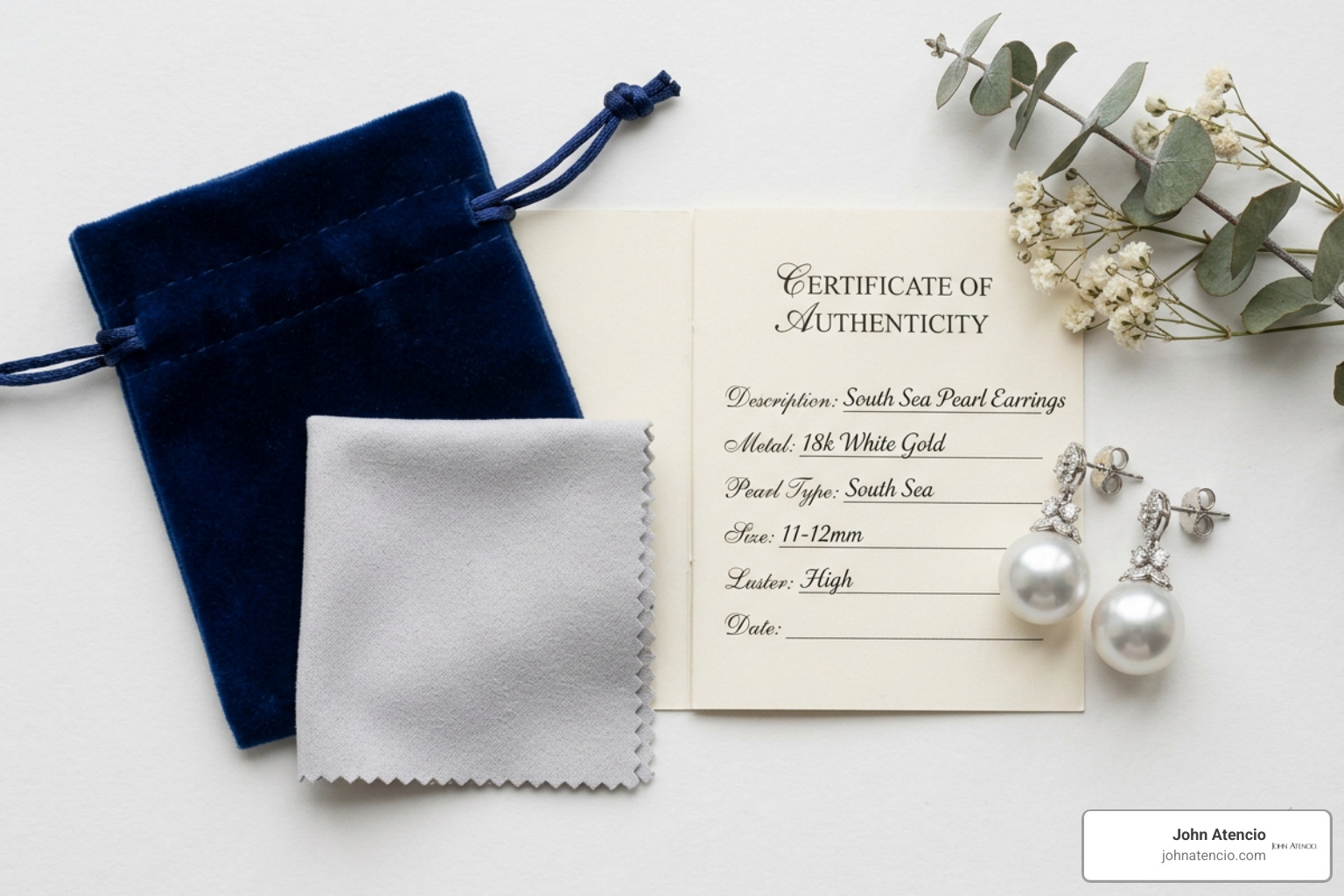 Care kit, polishing cloth, and Certificate of Authenticity accompanying high-grade South Sea pearl earrings