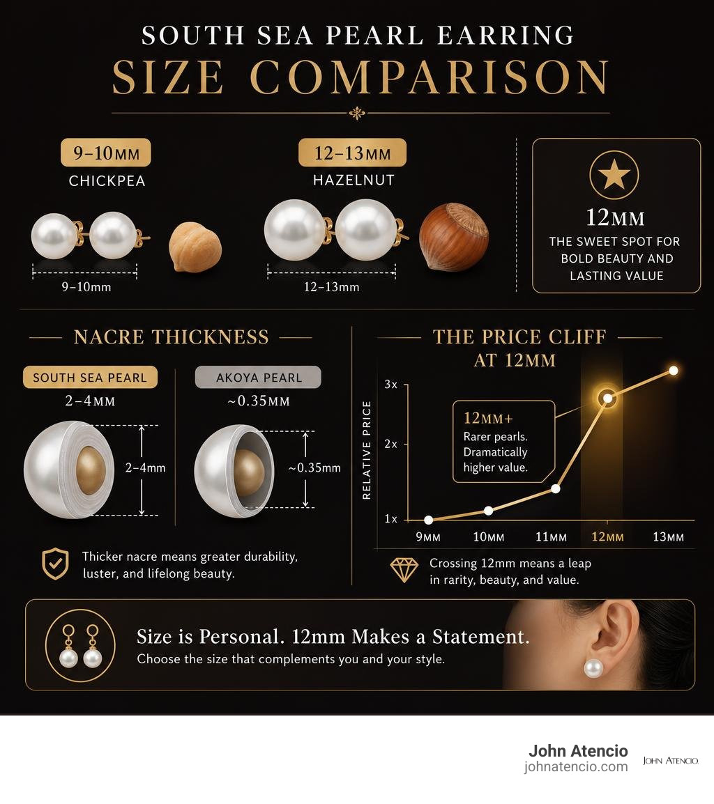 South Sea pearl earring size comparison infographic: 9-10mm chickpea, 12-13mm hazelnut, nacre thickness, price cliff at 12mm