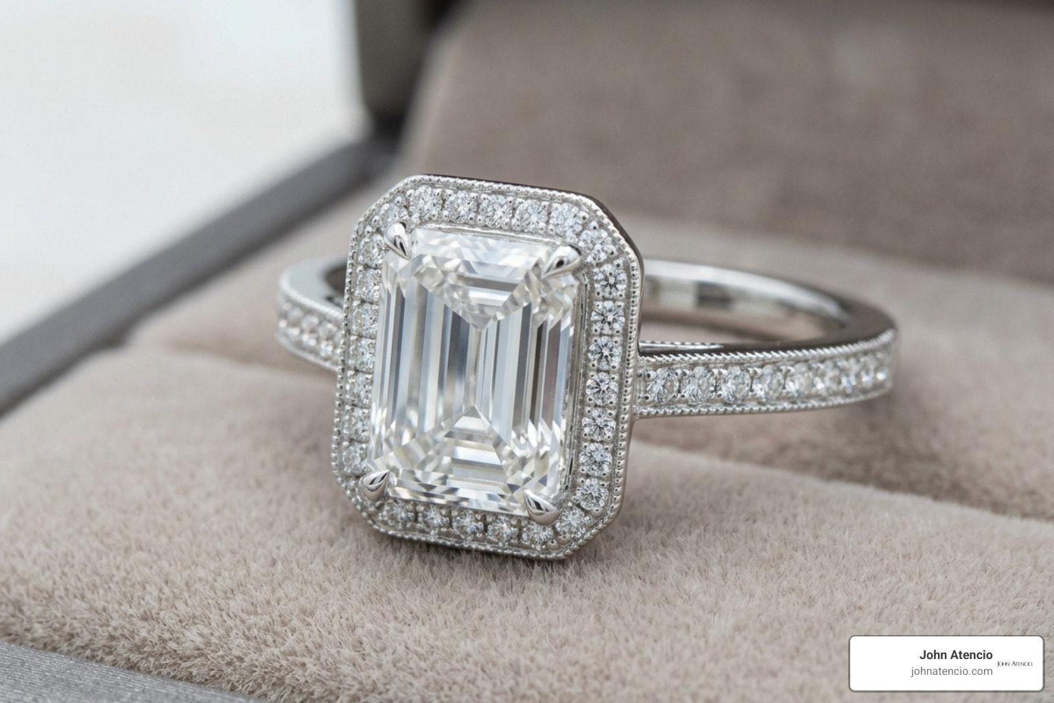 Emerald cut halo engagement ring in white gold showing intricate pave detailing Emerald cut halo engagement ring in white gold showing intricate pave detailing