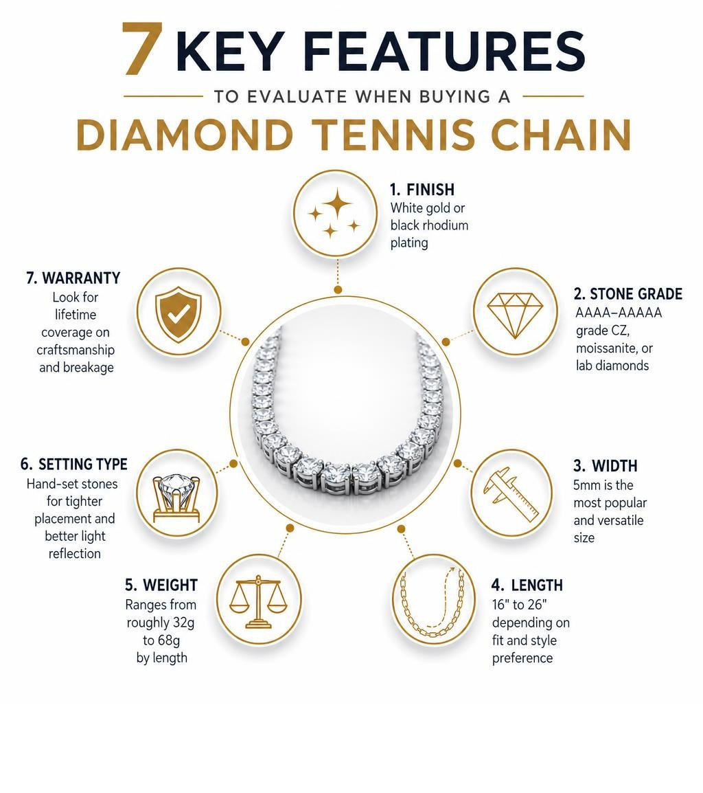 Key features to evaluate when buying a diamond tennis chain: finish, stone grade, width, length, weight, setting type