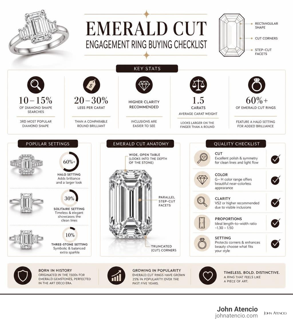 Emerald cut engagement ring buying checklist with key stats, settings, and quality grades infographic Emerald cut engagement ring buying checklist with key stats, settings, and quality grades infographic