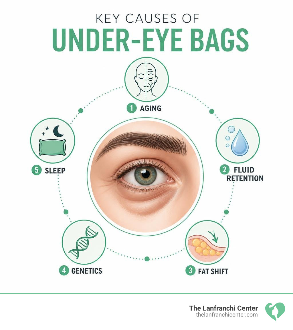 Key causes of under-eye bags infographic: aging, fluid retention, fat shift, genetics, sleep infographic Key causes of under-eye bags infographic: aging, fluid retention, fat shift, genetics, sleep infographic