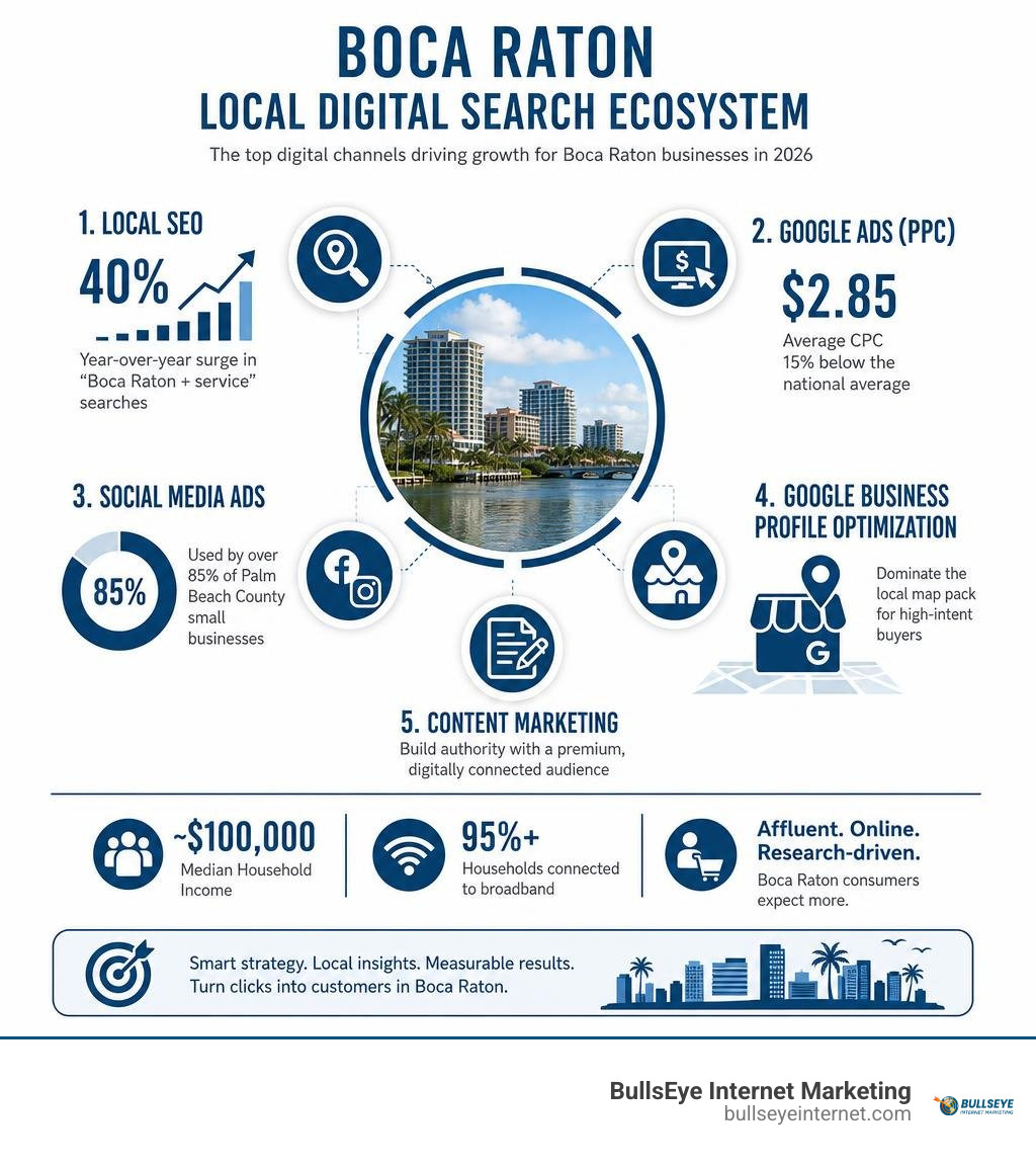 Boca Raton local digital search ecosystem infographic showing SEO, PPC, social media, and local search stats infographic Boca Raton local digital search ecosystem infographic showing SEO, PPC, social media, and local search stats infographic