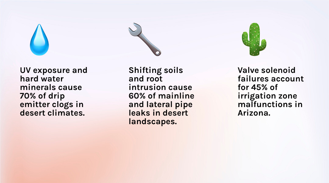 common desert irrigation failure points broken line clogged emitter controller failure infographic