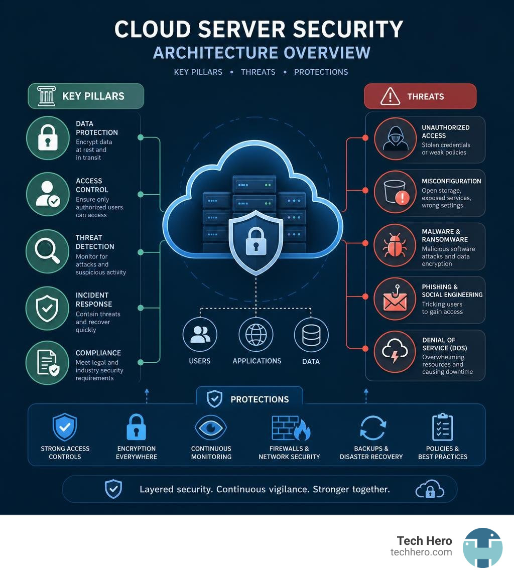 cloud server security architecture overview — key pillars, threats, and protections infographic cloud server security architecture overview — key pillars, threats, and protections infographic