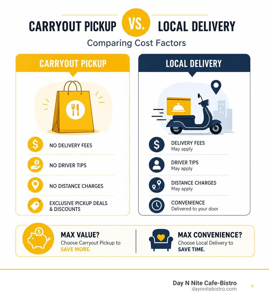 Infographic comparing cost factors between carryout pickup and local delivery orders infographic Infographic comparing cost factors between carryout pickup and local delivery orders infographic