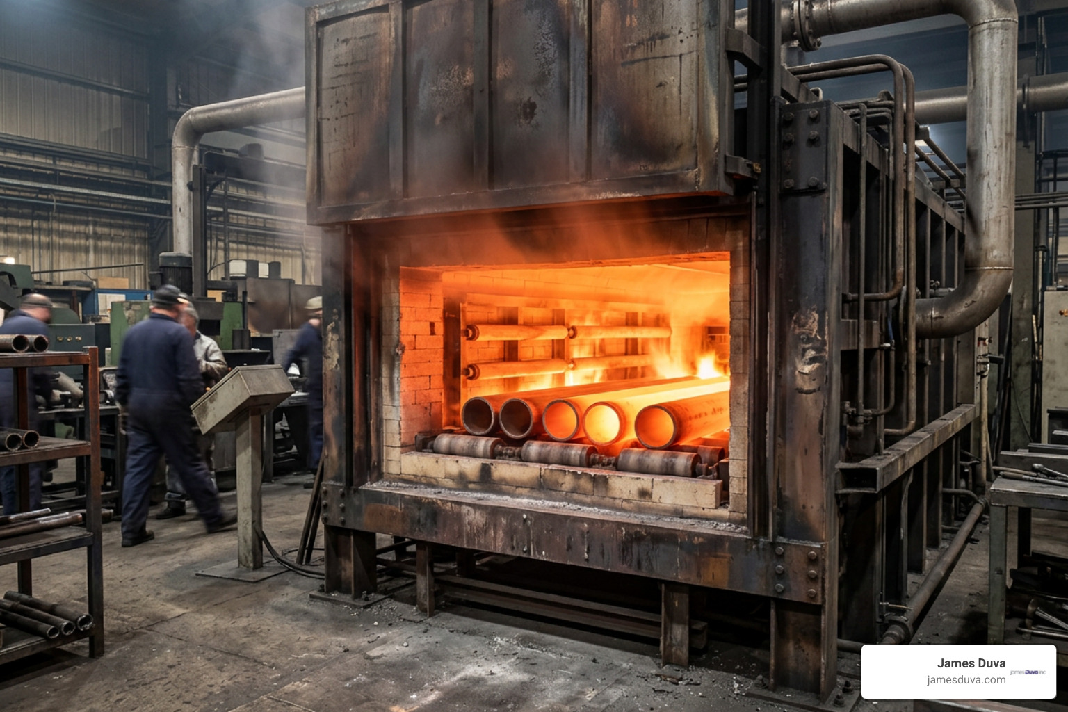 Industrial pipe heat treatment furnace operating at solution annealing temperatures Industrial pipe heat treatment furnace operating at solution annealing temperatures